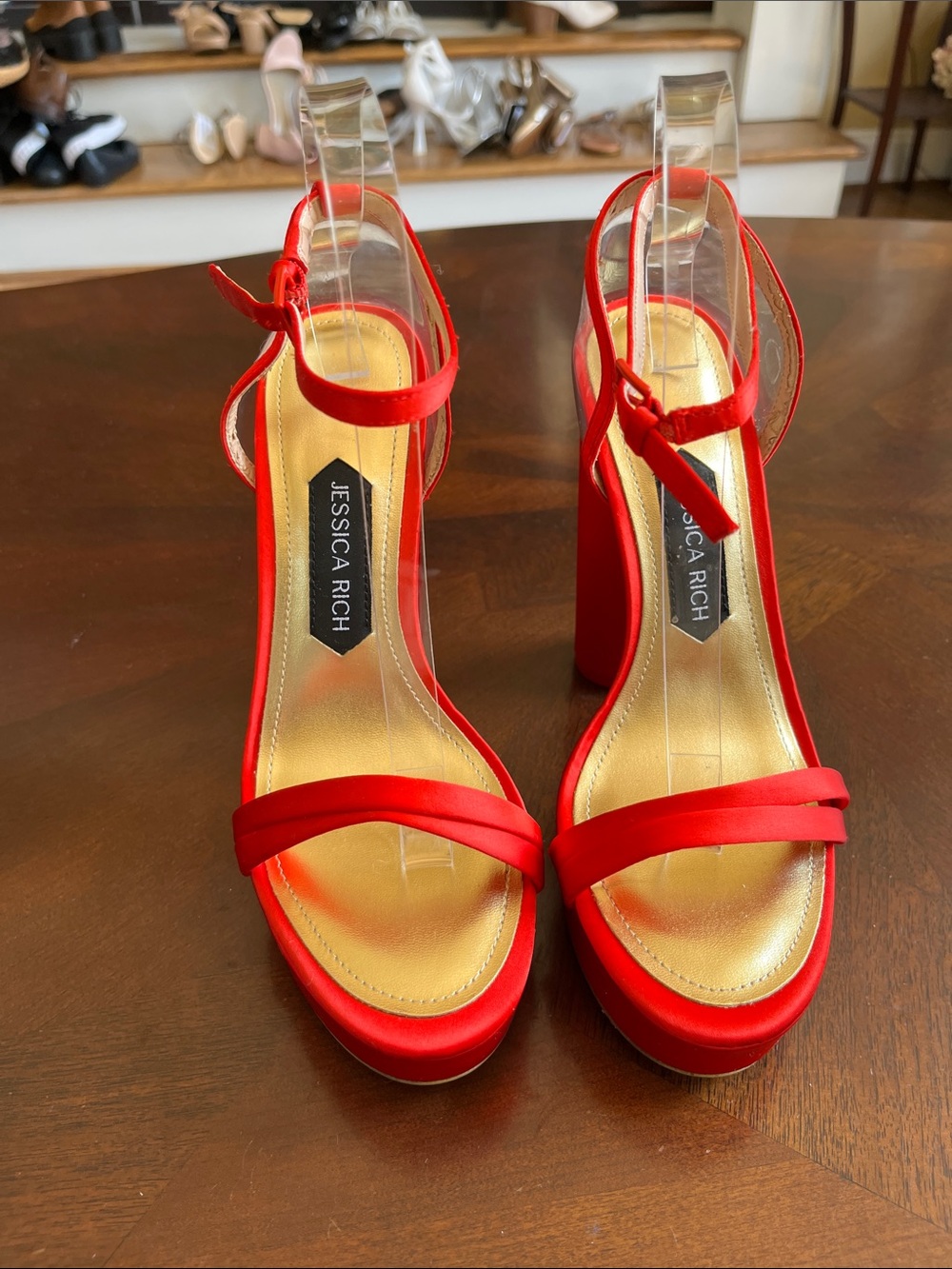 Jessica Rich Red Satin Platform Sandals with Ankle Strap